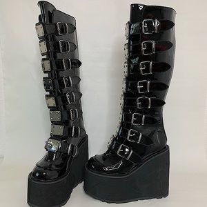 DEMONIA SWING-815 SHINY LEATHER BLACK PLATFORM BOOTS
